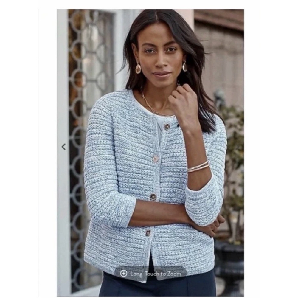 J. JILL Wearever Spray-Dyed Cardigan Sweater Womens Sz L Blue Cotton Ribbed Knit
